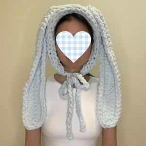 Light Blue Bunny Rabbit Chunky Chenille Knit Bonnet Hood Ear Warmer Lolita Angel